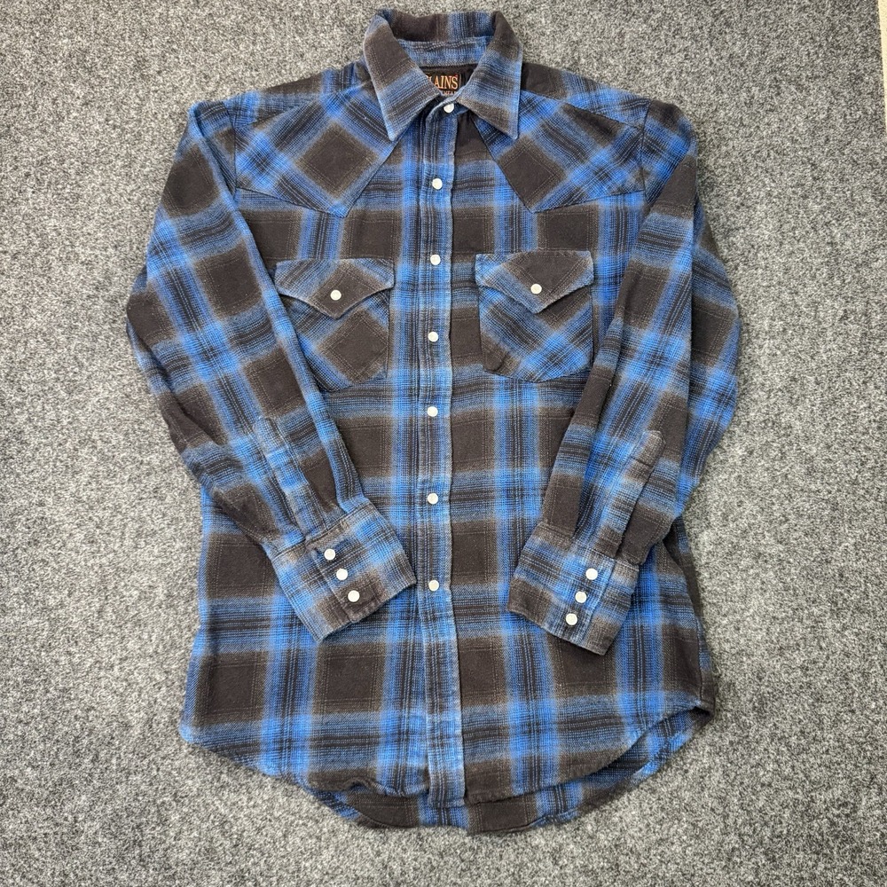 Plains Western Wear Men's Small Pearl Snap Flannel Shirt Blue Black Plaid Cowboy